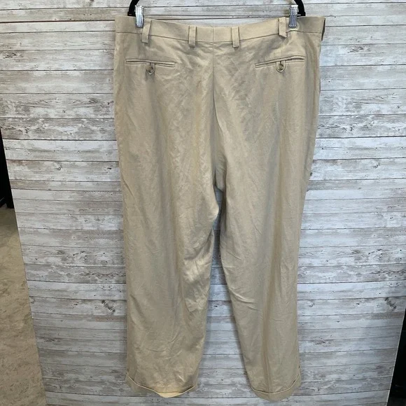 Sean John Mens 42x32 Pants Beige Pleated Linen Blend Cuffed Dress Lightweight - Picture 4 of 7